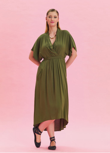 V Neck Pleated Detailed Khaki Casual Dress 4531